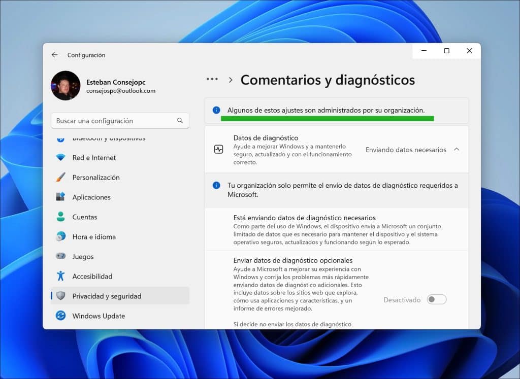 Cómo eliminar Algunos de estos ajustes son administrados por su organización