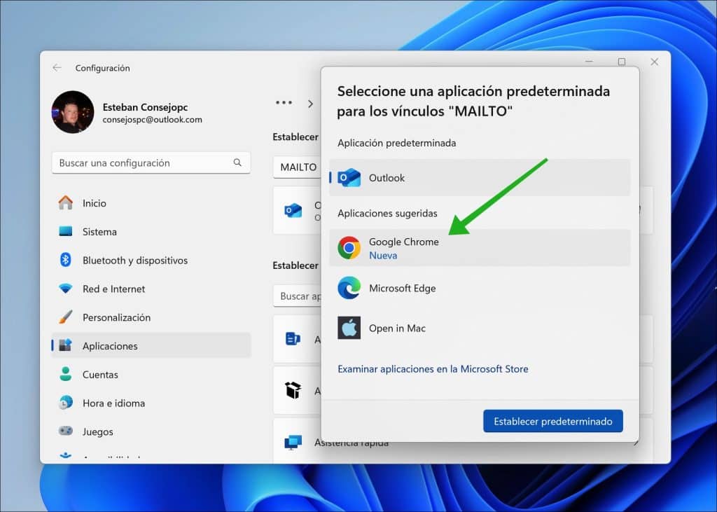 Haga clic en Elegir una aplicación predeterminada y luego seleccione Google Chrome como nueva aplicación predeterminada para abrir enlaces mailto.