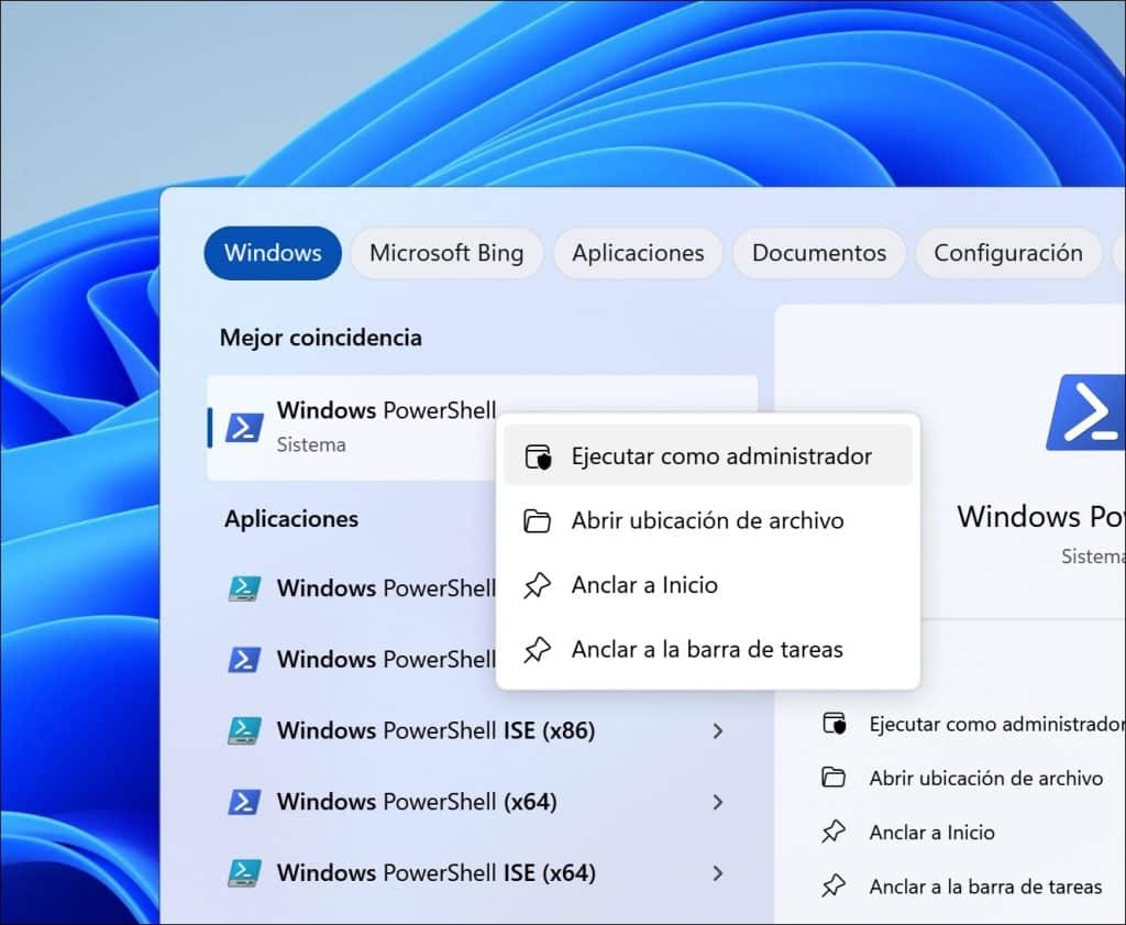 PowerShell y haga clic en Ejecutar como administrador