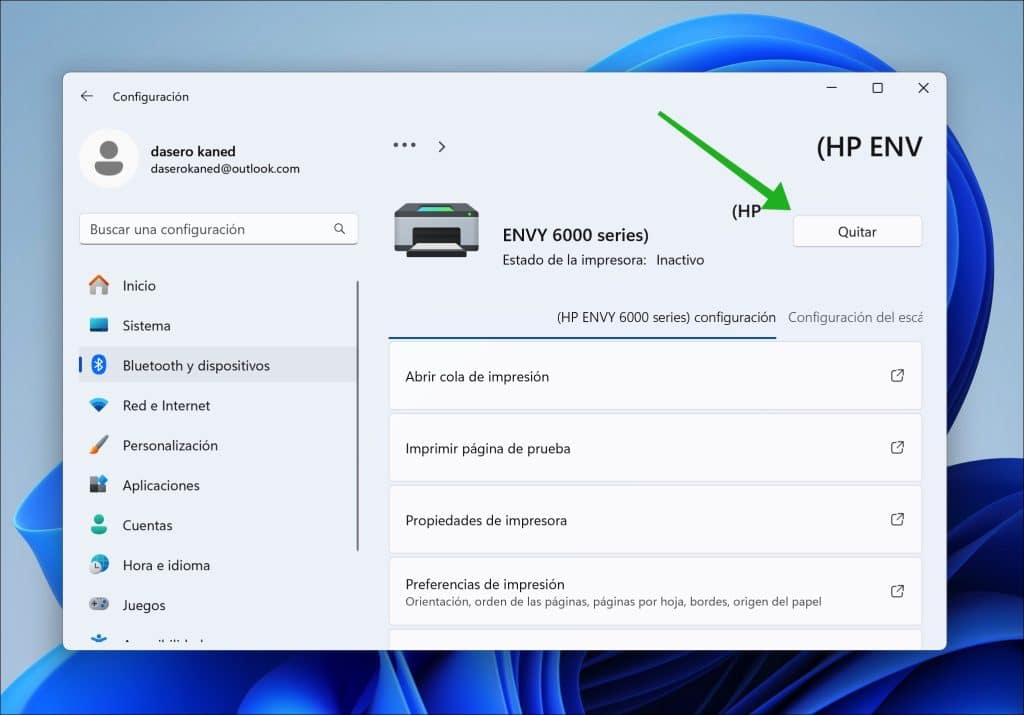 Quitar para eliminar la impresora
