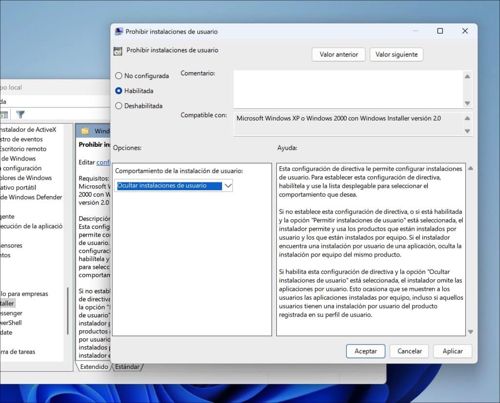 Seleccione Habilitado y elija al final en el menú desplegable en Configuración la restricción deseada, como Ocultar instalaciones por usuarios.