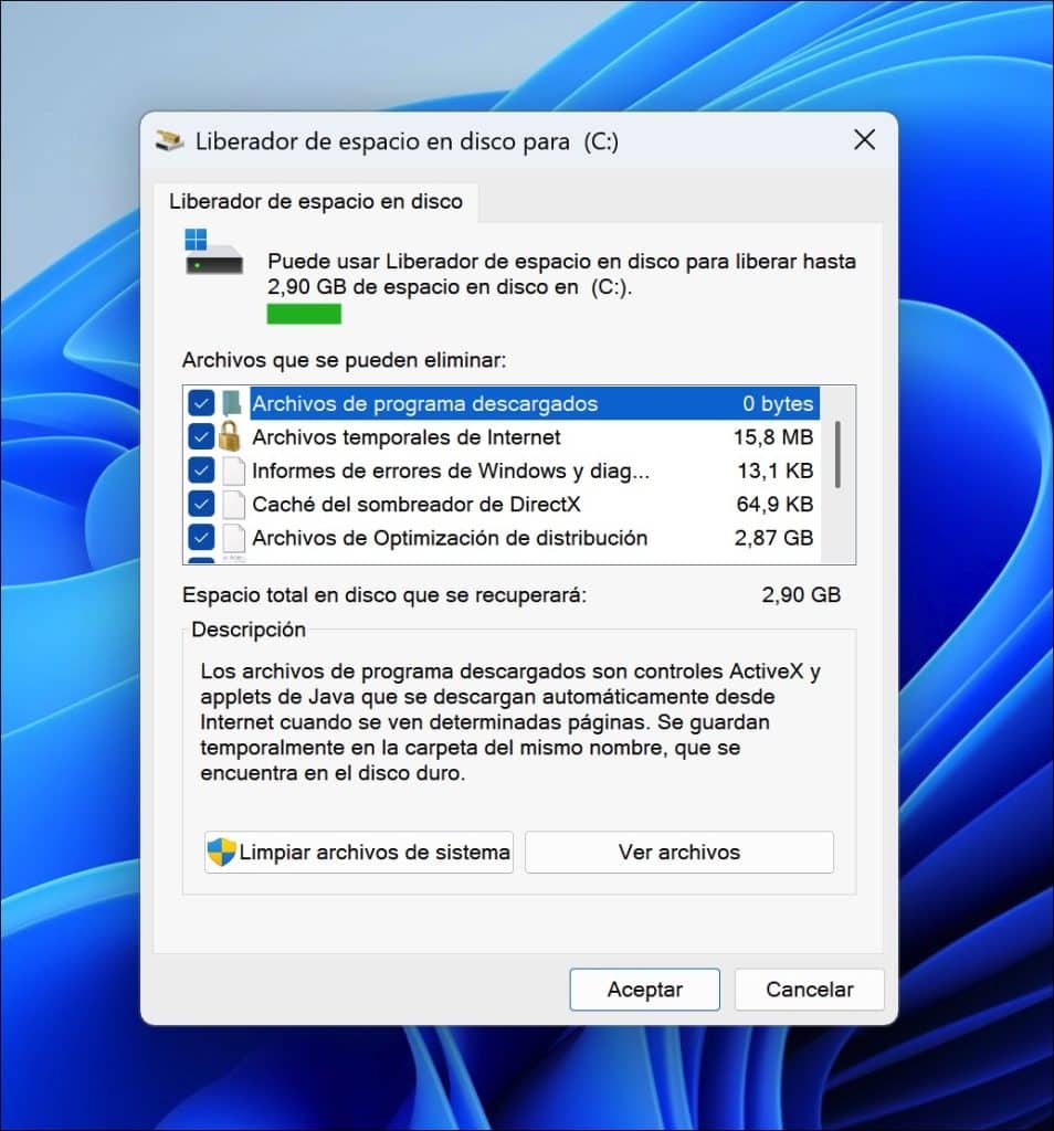 Si desea saber de qué archivos se trata exactamente por opción, seleccione la opción y haga clic en Mostrar archivos.