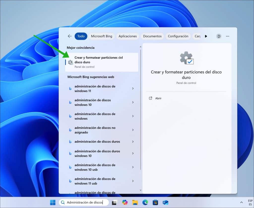 Abrir la administración de discos a través de la búsqueda de Windows