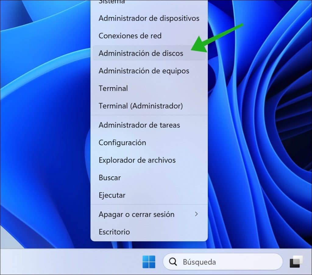 Abrir la administración de discos a través del menú Win-X