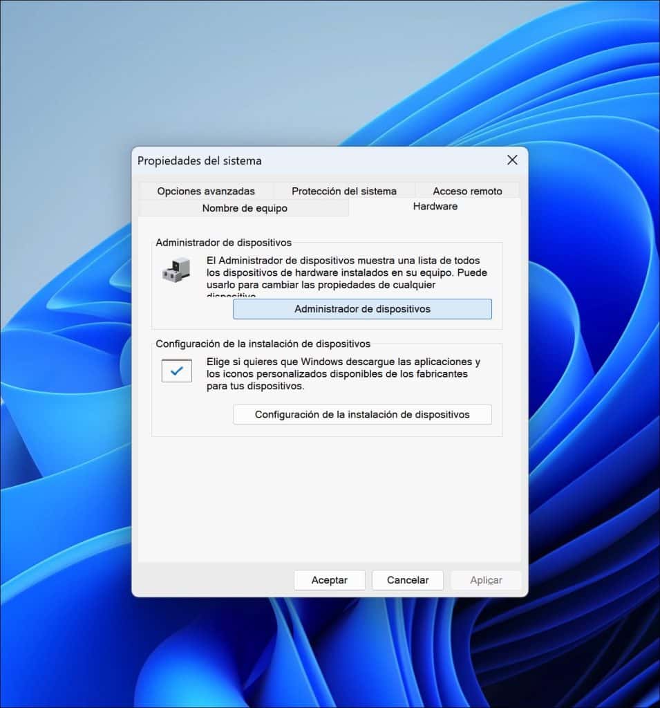 Abrir la administración de dispositivos a través de Propiedades del sistema