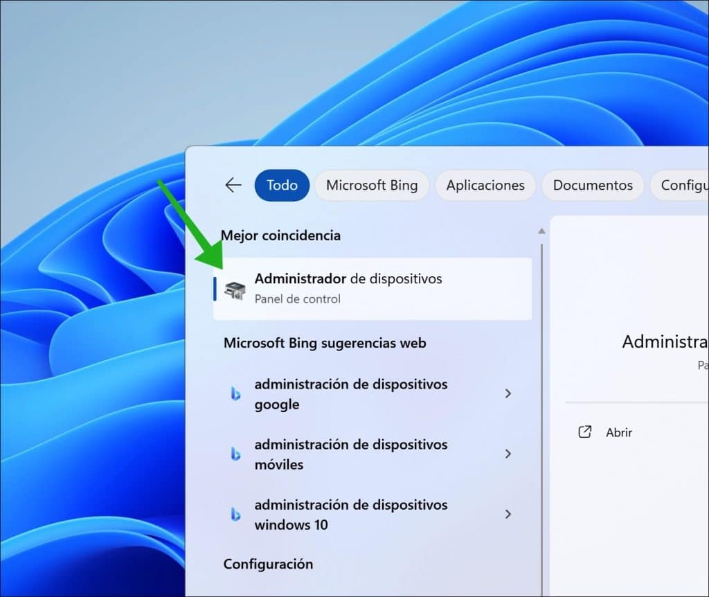 Abrir la administración de dispositivos a través de la búsqueda de Windows