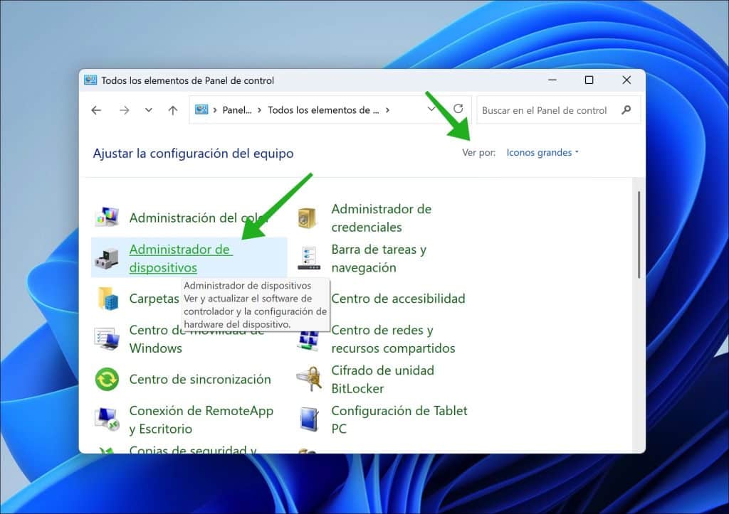 Abrir la administración de dispositivos a través del Panel de control