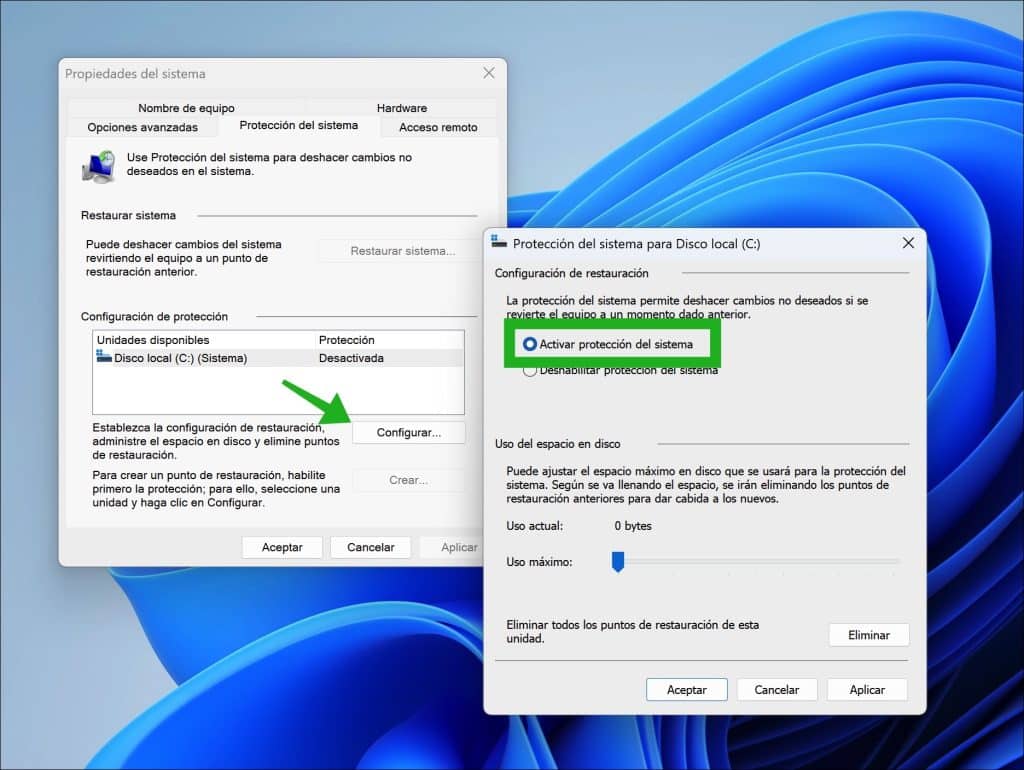 Activar protección del sistema