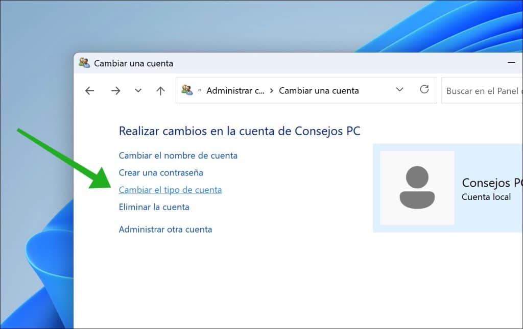Al cambiar el tipo de cuenta, puede cambiar la cuenta a una cuenta de administrador.