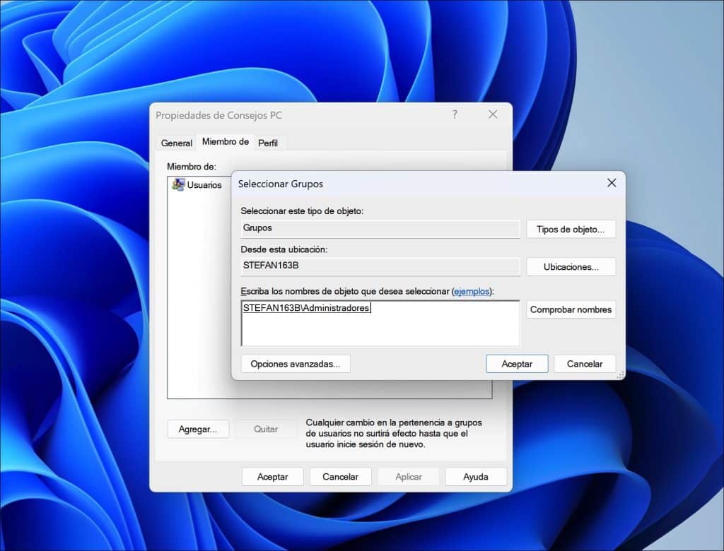 El grupo de administradores ahora se agregará a esta cuenta de usuario.