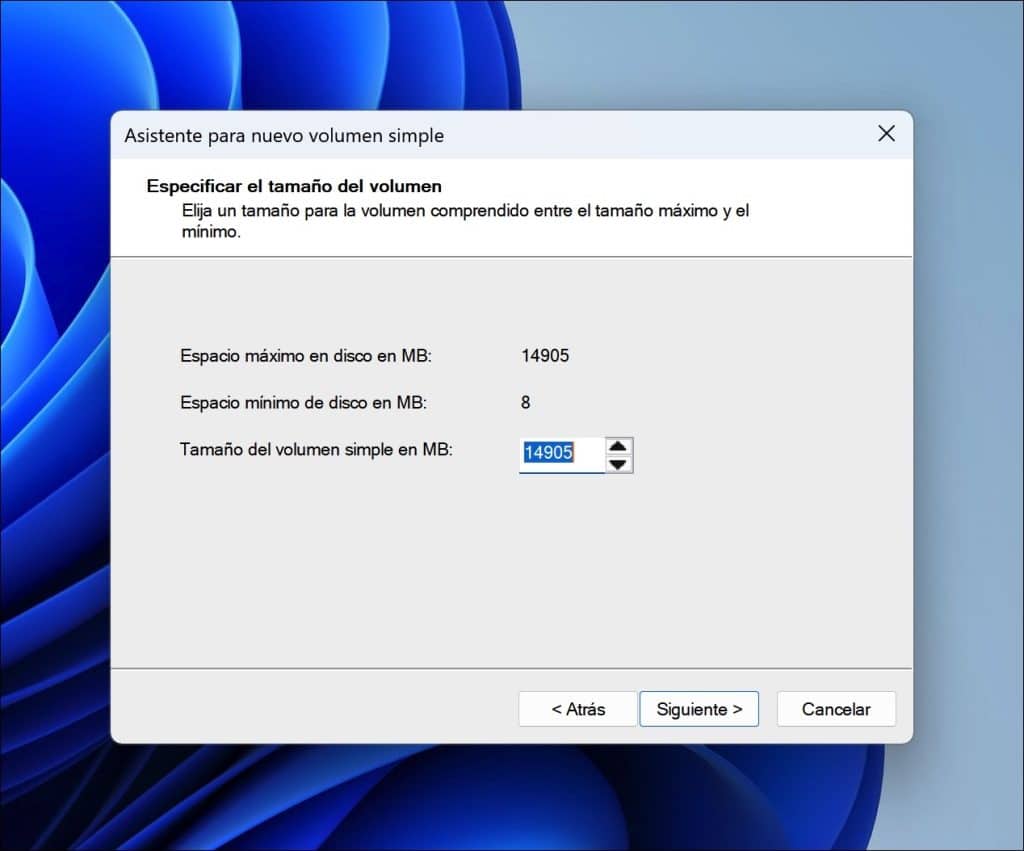 Especificar el tamaño del volumen
