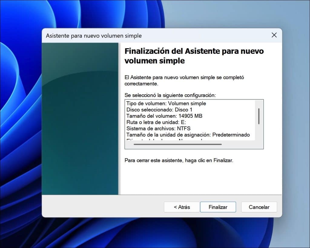 Finalización del Asistente para nuevo volumen simple