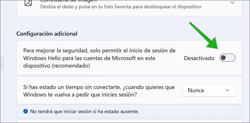 Para mejorar la seguridad, solo permitir el inicio de sesión de Windows Hello para las cuentas de Microsoft en este dispositivo (recomendado)