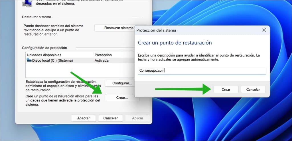 Se está creando un punto de restauración