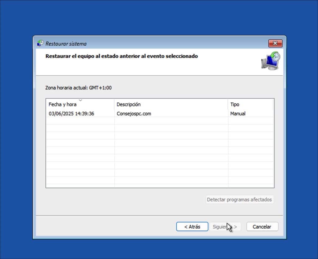 Seleccione el punto de restauración deseado para restaurar Windows 11