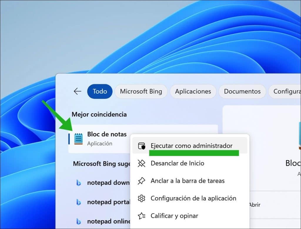 abriendo el Bloc de notas como administrador