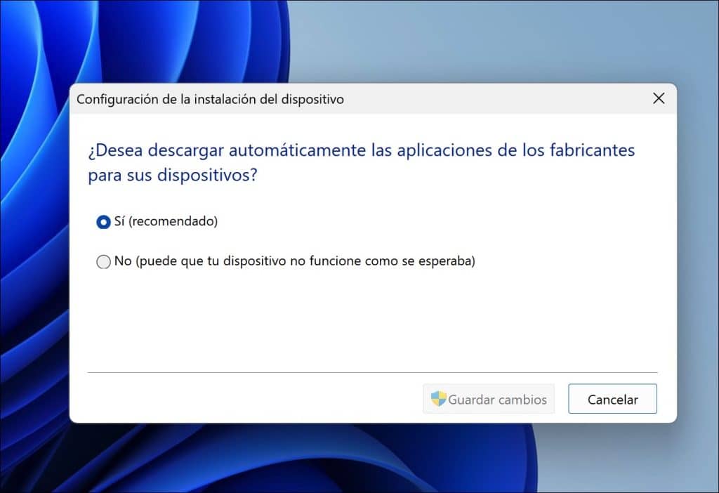 ¿Desea descargar automáticamente las aplicaciones de los fabricantes para sus dispositivos?