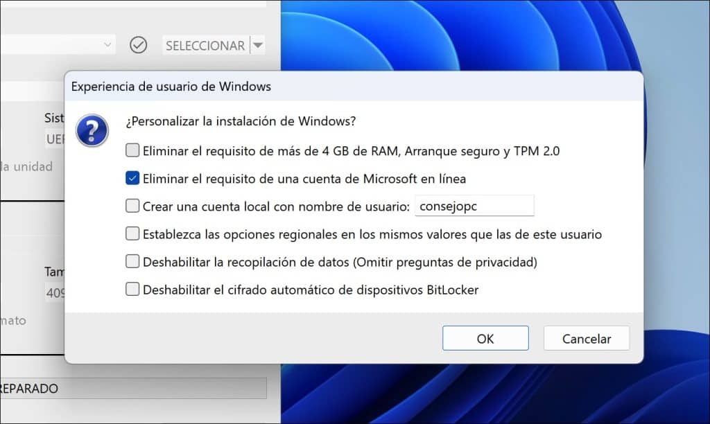 Verá otro ventana donde podrá habilitar o deshabilitar las siguientes opciones.