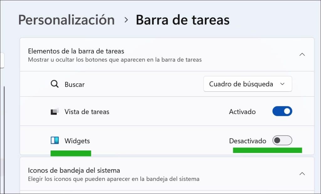 desactive el botón: Widgets