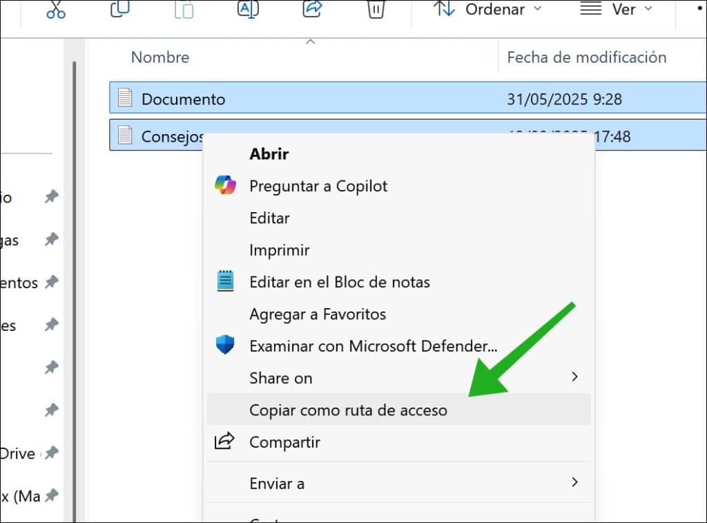 Copiar como ruta de acceso