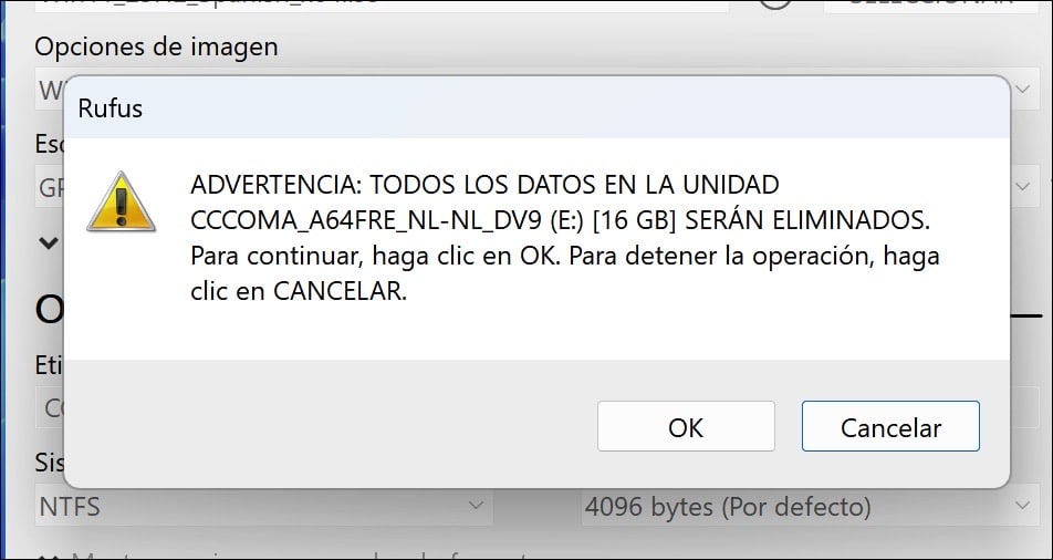 Confirme con OK si desea continuar.