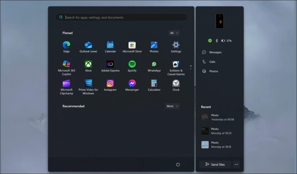 Desactivar el teléfono en el menú Inicio de Windows 11