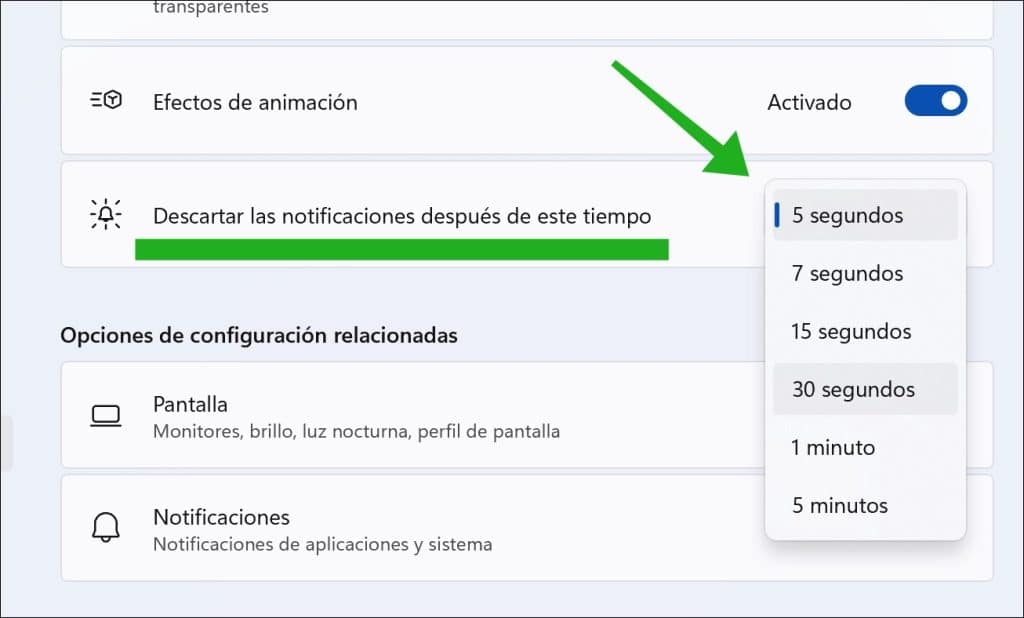 Descartar las notificaciones después de este tiempo