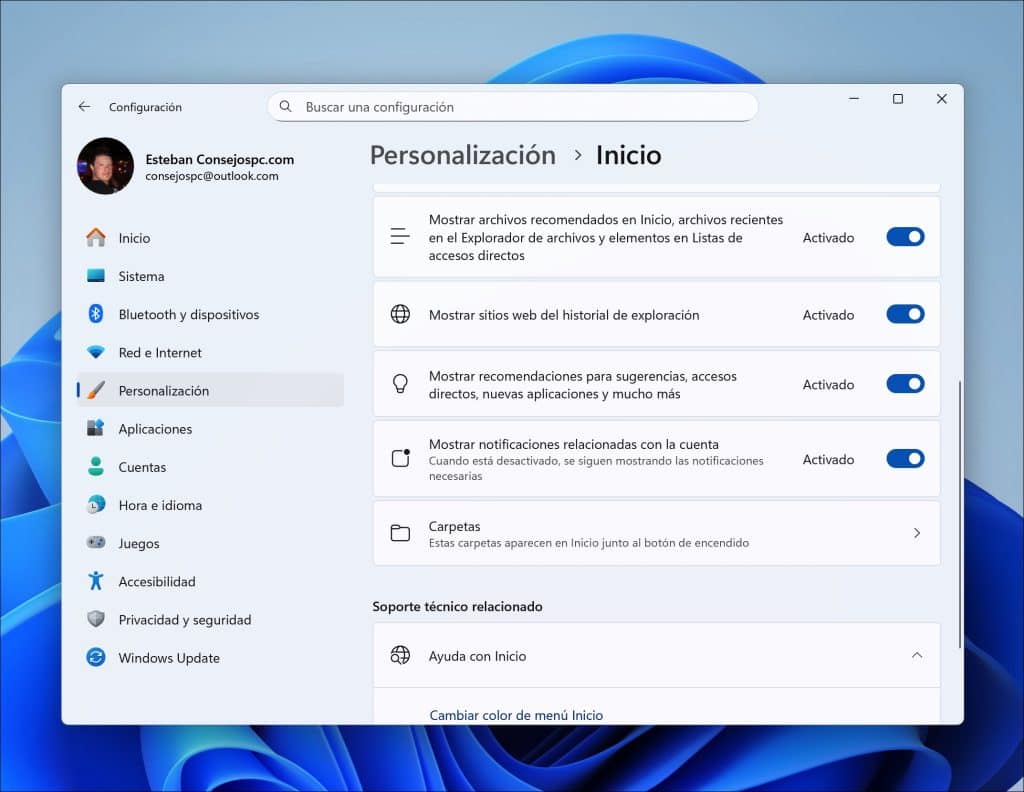 Mostrar teléfono en Inicio