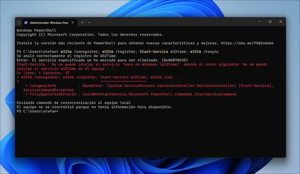 Restaurar sincronización de tiempo