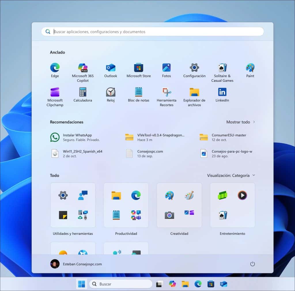 nuevo menú de inicio