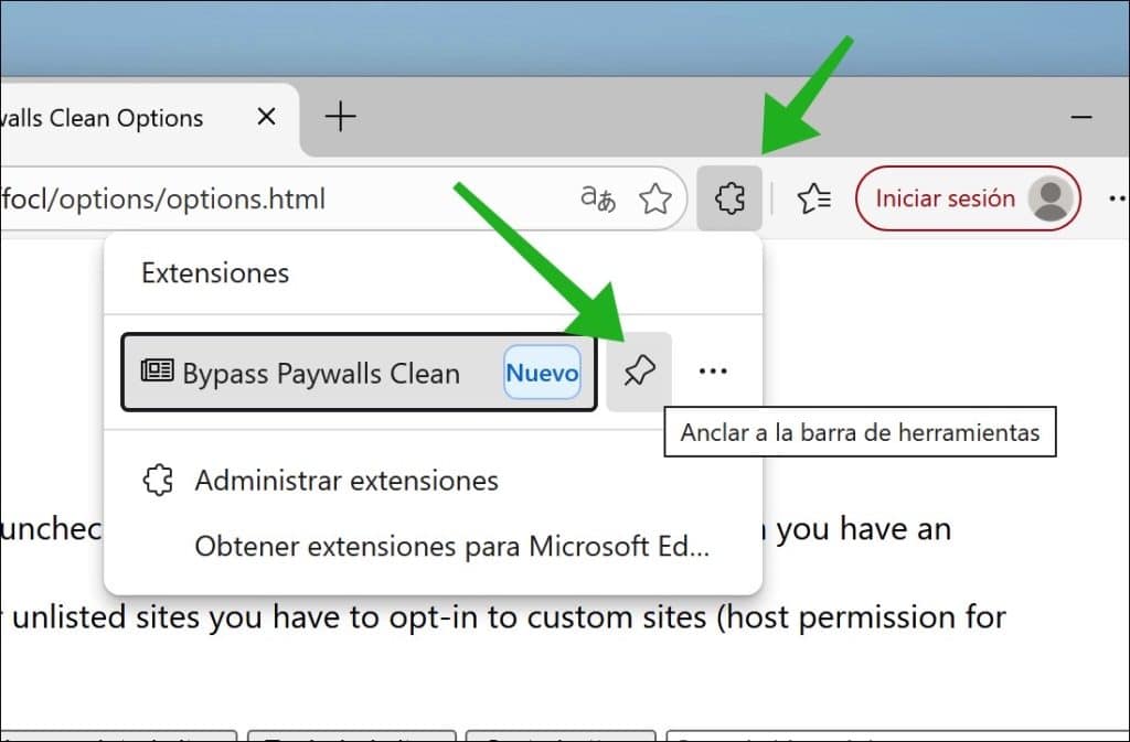 fijar la extensión a la barra de menús