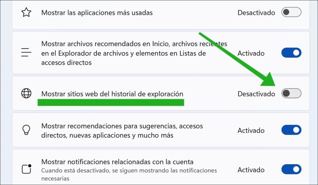 Desactivar el historial de navegación en el menú de inicio de Windows 11